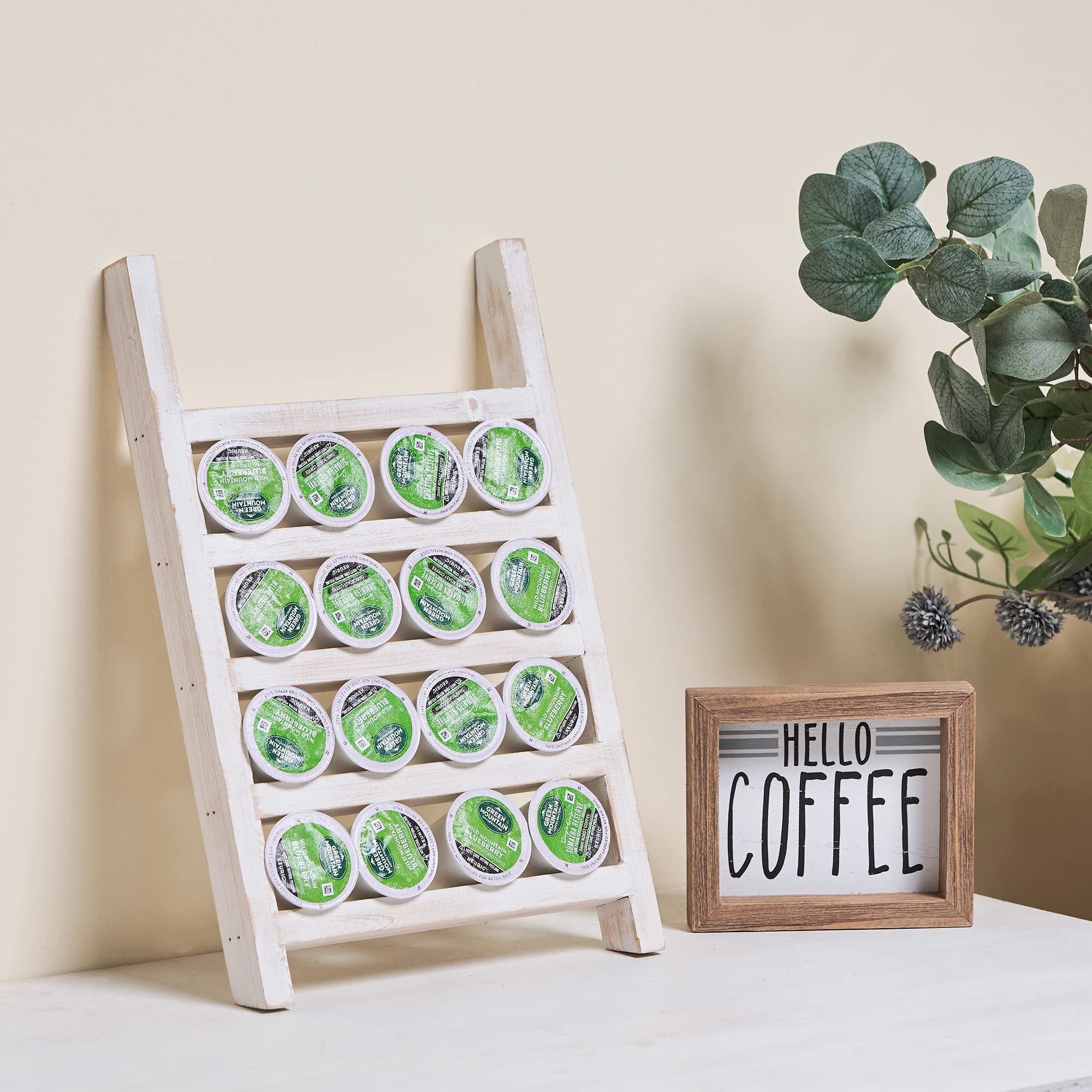 Photo 1 of GENMOUS Wood K Cups Holder for Countertop, Farmhouse Pod Holder with Coffee Bar Decor Sign, Rustic K Cup Organizer for Home Kitchen Storage, Coffee Pod Station Organizer Accessories White