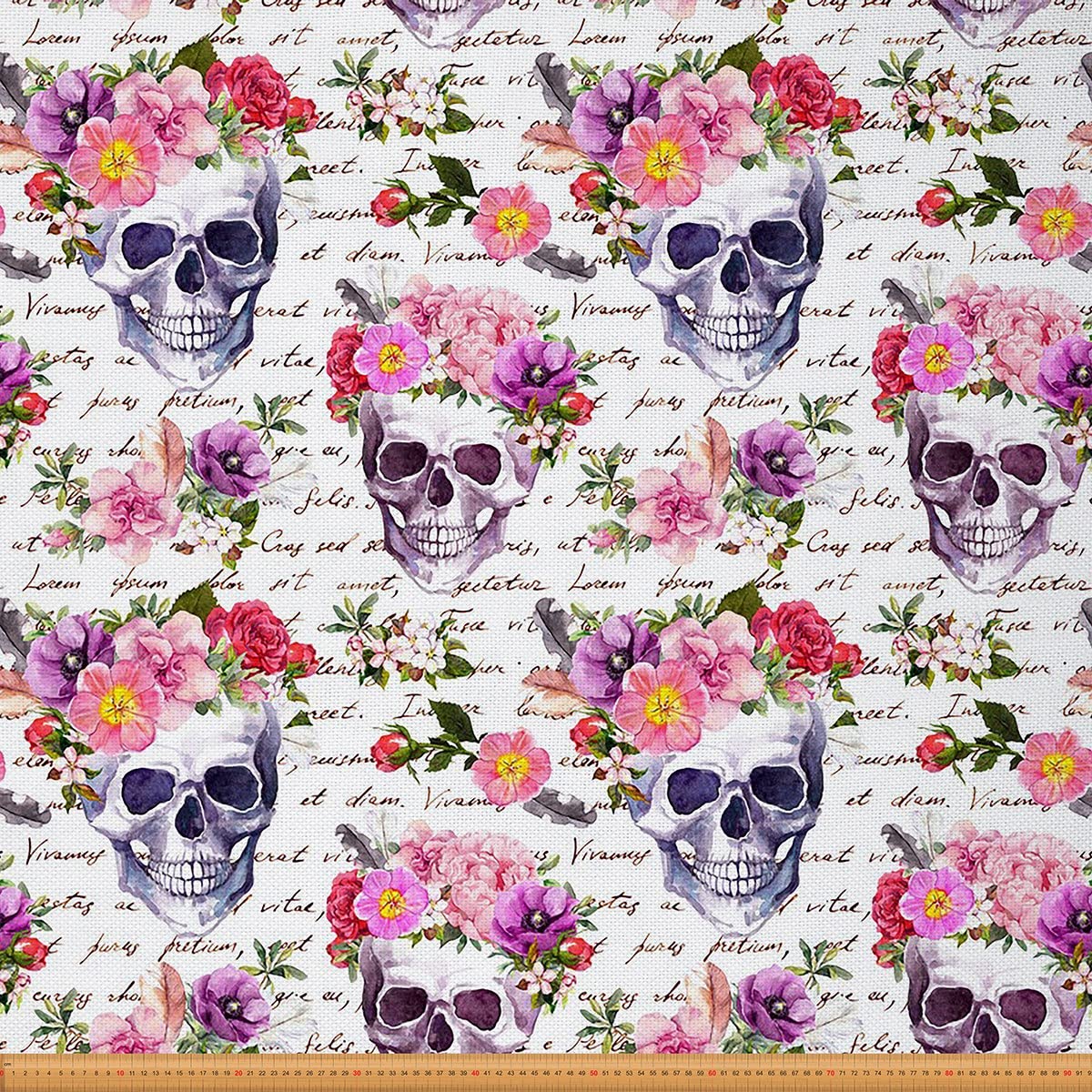Halloween Decorative Fabric Rose Skull Fabric by The Yard Sugar Skull Decor Fabric Gothic Floral Bones Waterproof Fabric Leaves Skeletons DIY Art Upholstery Fabric Pink Purple 3 Yards