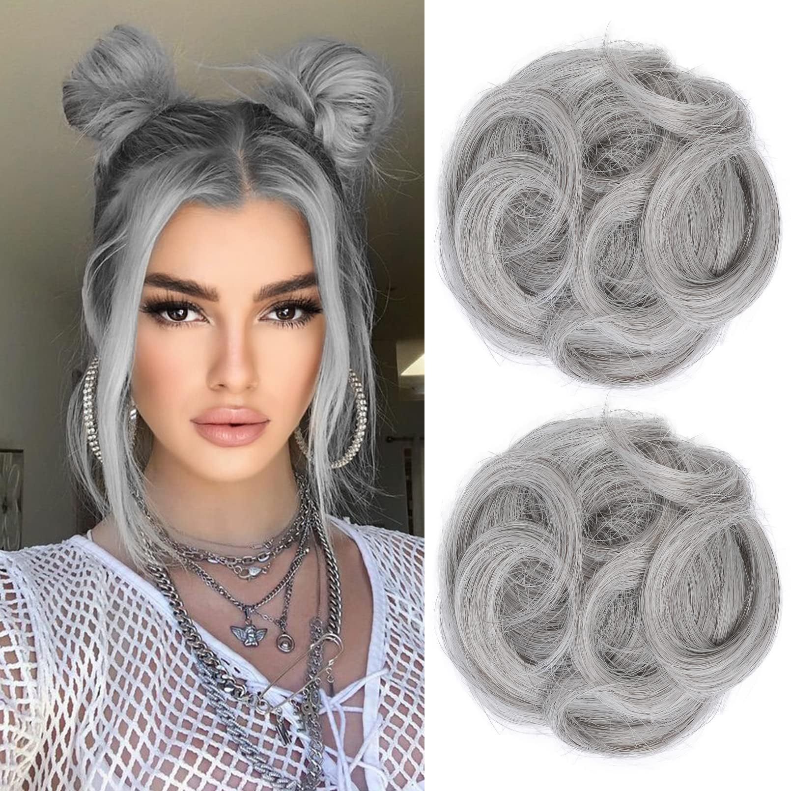 REECHO Space Bun Hair Pieces, 2 PCS Mini Claw Clip in Messy & Cat Ears Fake Hair Bun Extensions Wig Accessory Updo Hairpieces for Women Girls (Pack of 2-3.5" Wavy, Grey/Brown/Silver/White Mixed)