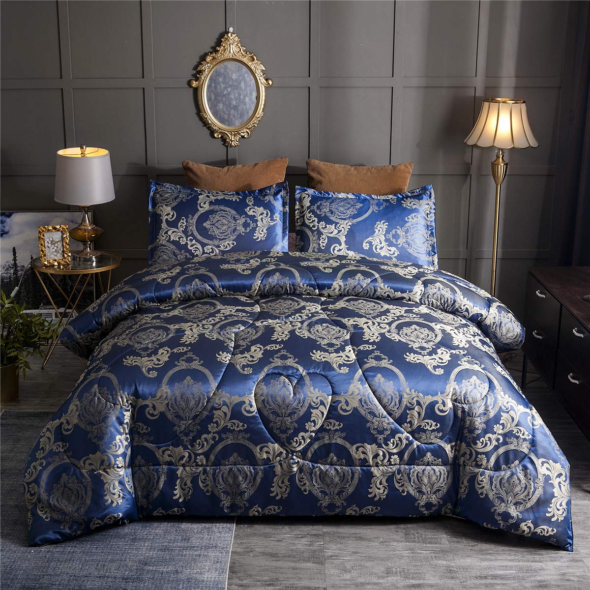 Photo 1 of Raytrue-X Comforter Set Satin Silk Blanket All Season Bed Luxury Royal Blue Jacquard Quilt Bedding Sets Matching 2 Pillow Shams (Full/Queen, 88x88 inches, 3 Pieces)