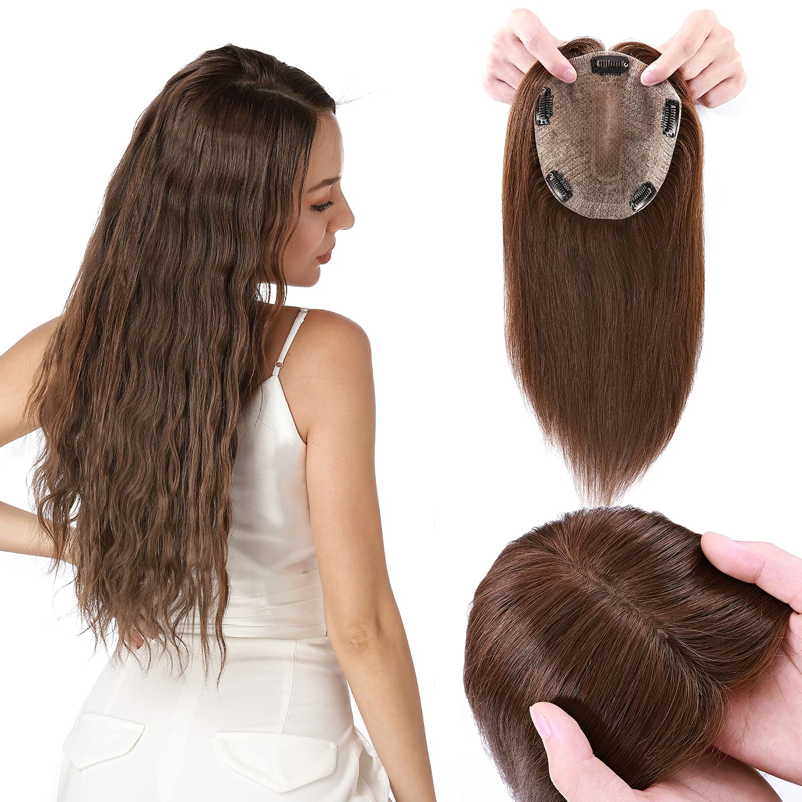 Silk-co 12inch Human Hair Toppers for Thinning Hair Women 100% Real Remy One Piece Clip in Hair Extension Silk+PU Base Toupee 120% Density #04 Medium Brown