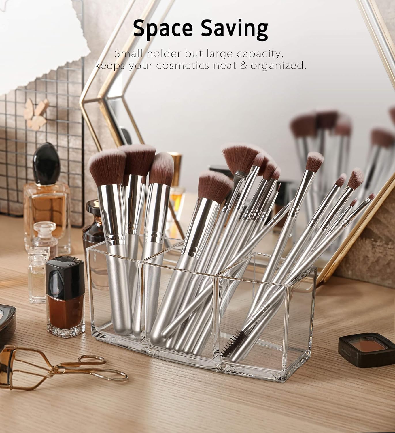 Syntus Makeup Brush Holder Organizer, Acrylic 3 Slot Large Capacity Cosmetic Brushes Storage Box, Clear: Beauty