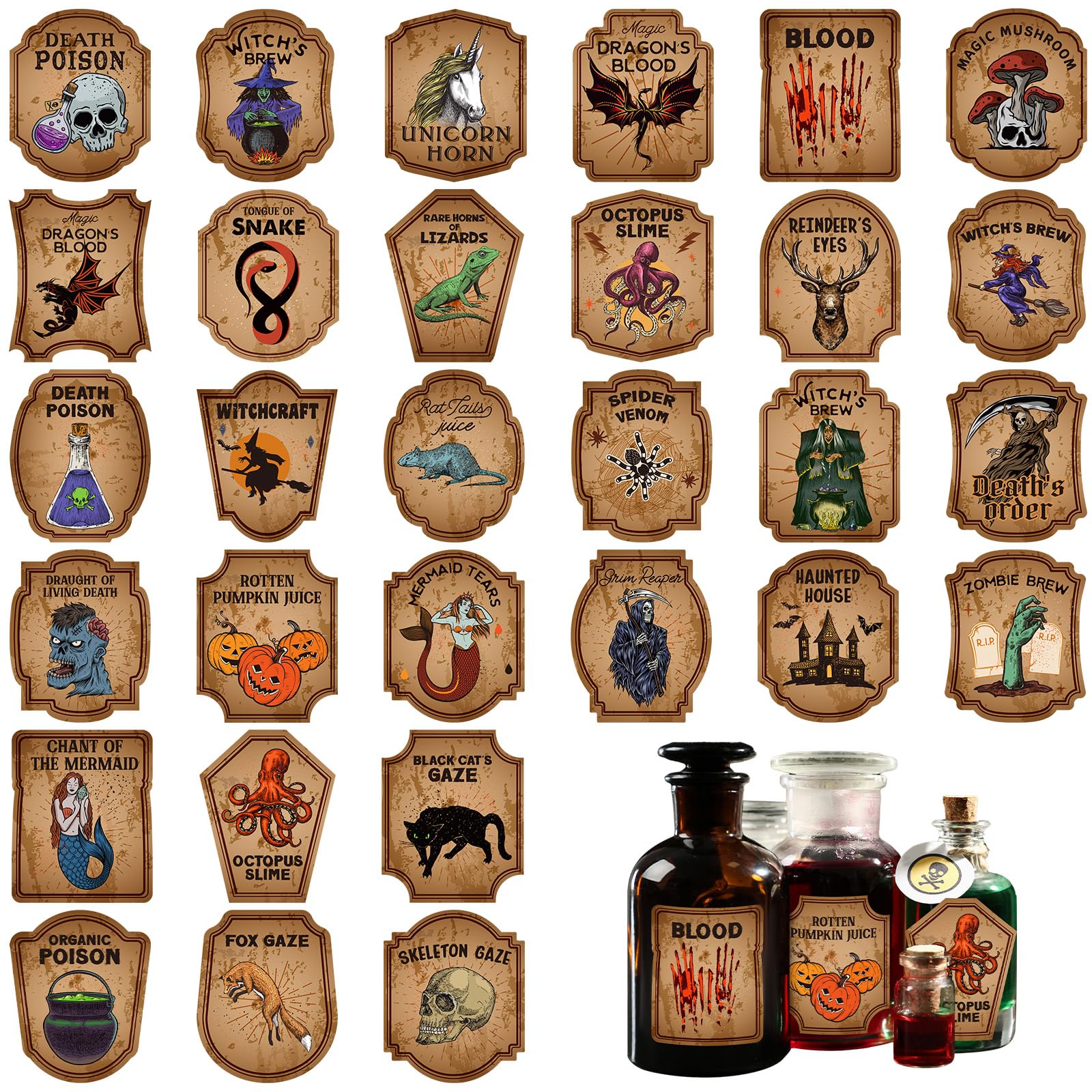 Photo 1 of 120 Pcs Creepy Halloween Animal Apothecary Bottle Labels Stickers Medicine Bottle Label Laminated Ready to Use for Party Decoration Party Gifts and Photo Props (Trendy)