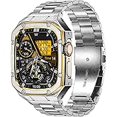 BAITEYOU Stainless Steel Watch Band with Case Compatible with Apple Watch Ultra 3 2 1 band (49mm), Rugged Strap with Metal Protective Bumper Cover for iWatch Bands Men (Silver/Gold)