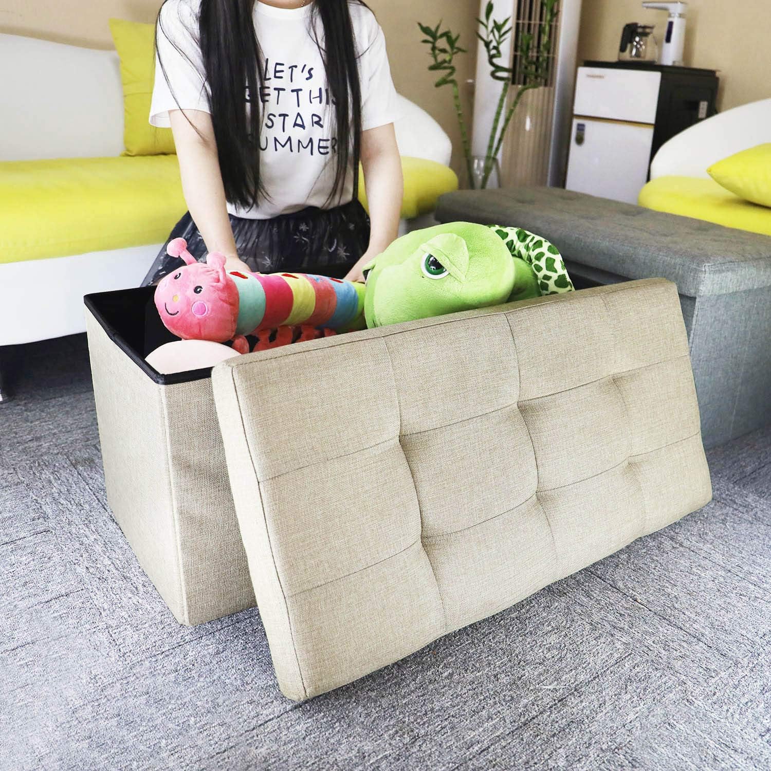NISUNS OT03 30 Inch Linen Fabric Foldable Storage Bench Ottoman, Beige: Kitchen & Dining