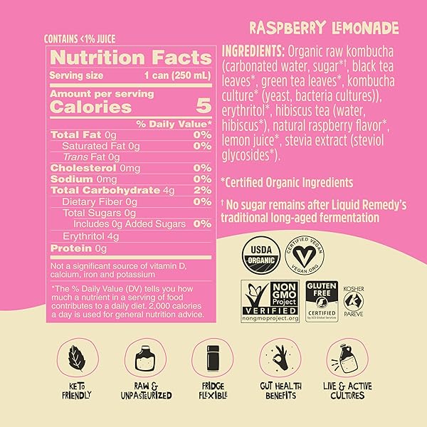LIQUID REMEDY KOMBUCHA SUGAR FREE ORGANIC DRINK, LOW CALORIE, PROBIOTIC LIKE TEA FOR GUT HEALTH – RASPBERRY LEMONADE – 8.5 FL OZ CAN, 12-PACK