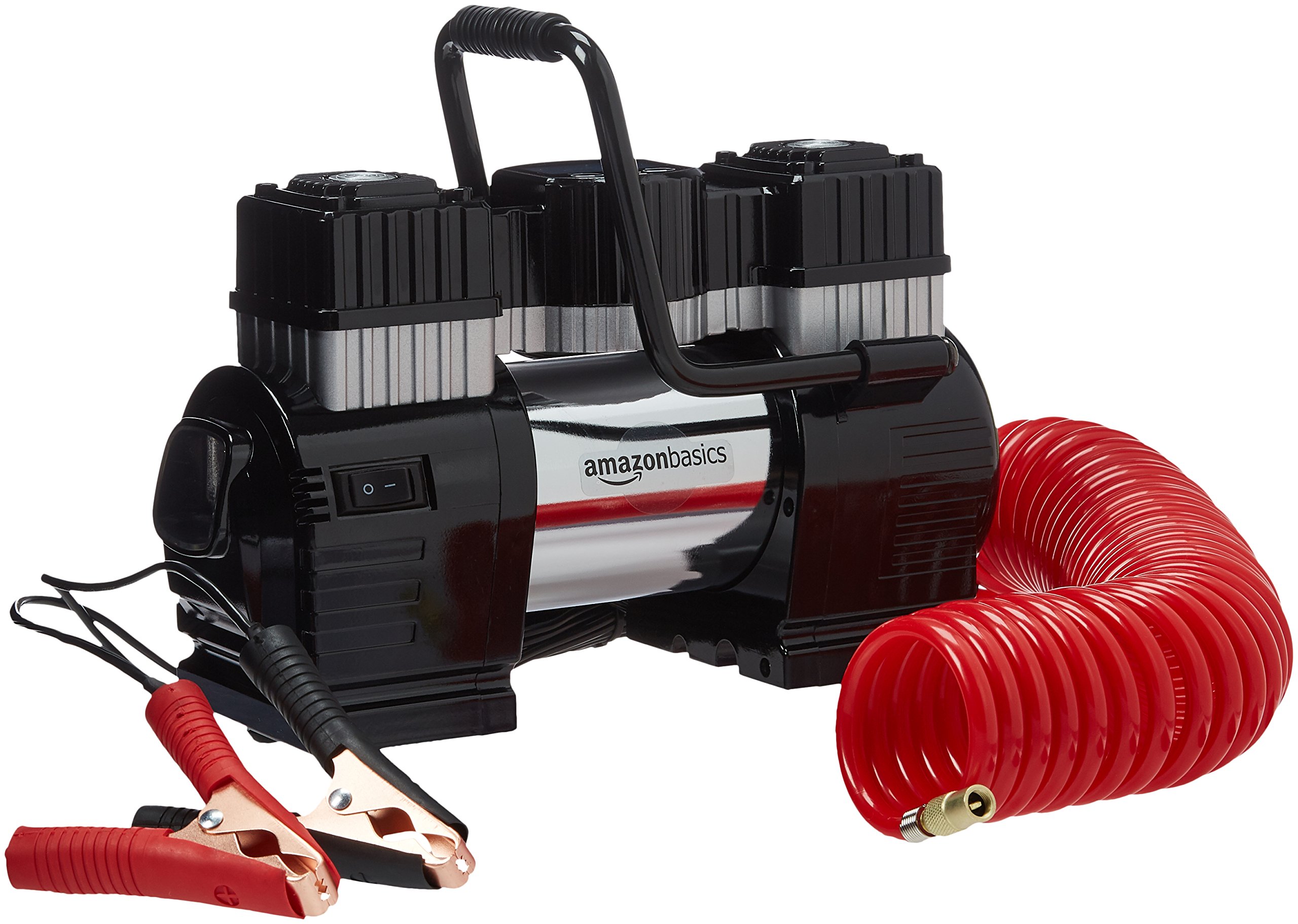 Amazon Basics Portable Digital Air Compressor, 12V DC Dual Cylinder, 120 PSI, 60L/Min, Auto Shut-Off, LED Light, 5M Hose, Battery Clamps, Carrying Case, Black/Red