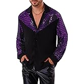 OLEMEK Men's 70s Disco Shirt Long Sleeve Button Down Sequins Glitters Shirt Nightclub Party Shirts