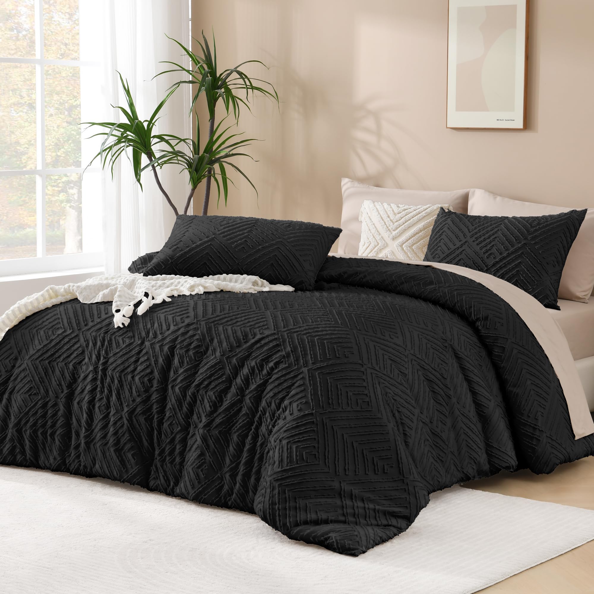 Andency Black Comforter Set Queen, Lightweight Fluffy Bedding Comforter Sets for Queen Bed, 3 Pieces Tufted Farmhouse Shabby Chic Bed Set for All Seasons (1 Comforter 90x90In, 2 Pillowcases) Image