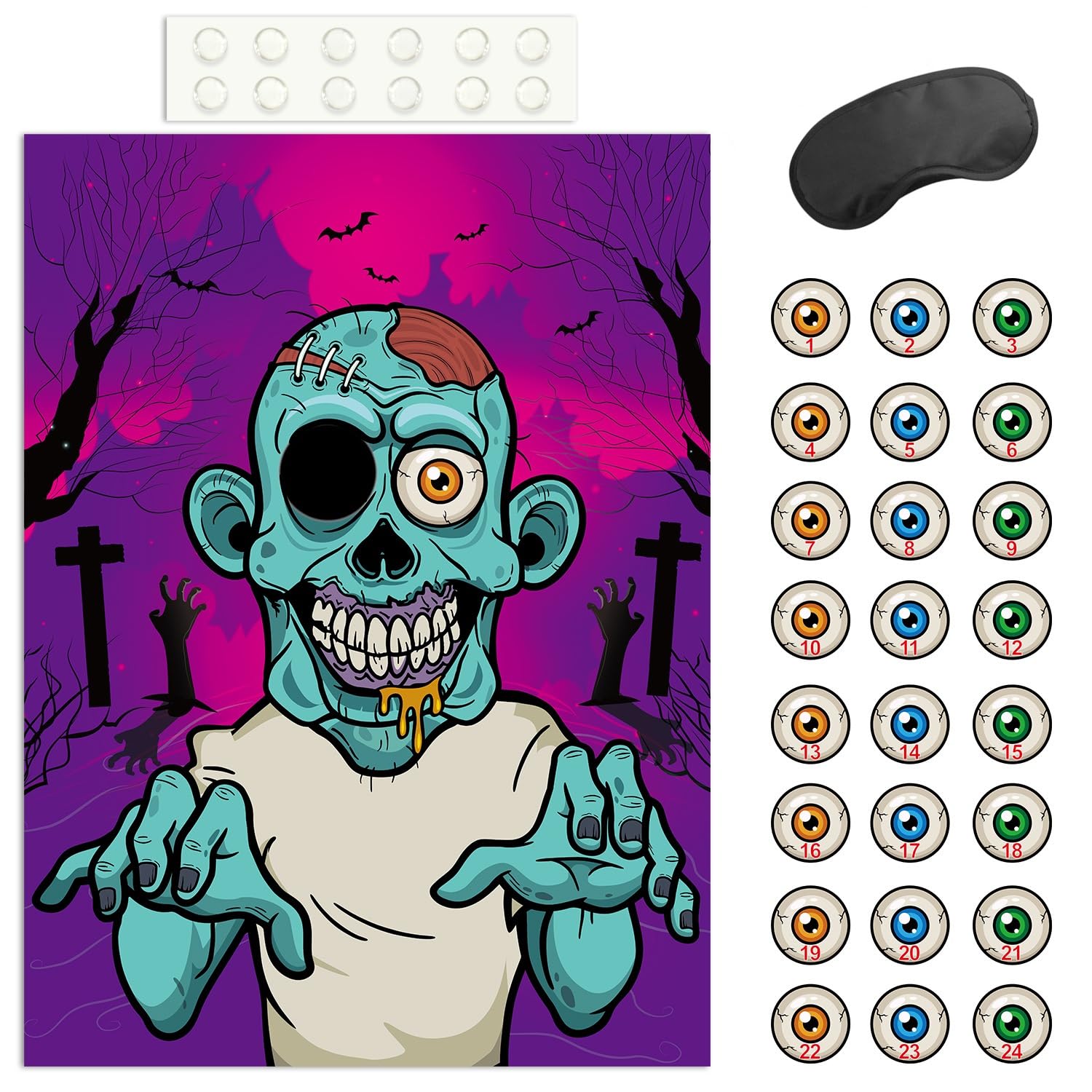 FEPITO Pin the Eyeball on the Zombie Halloween Game with 24 Pcs Zombie Eyeball Stickers for Halloween Party Favors, Halloween Decorations