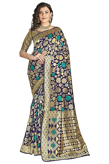 Womens Silk Blend Banarasi Saree (Bridal_Silk117_Navy_Blue)