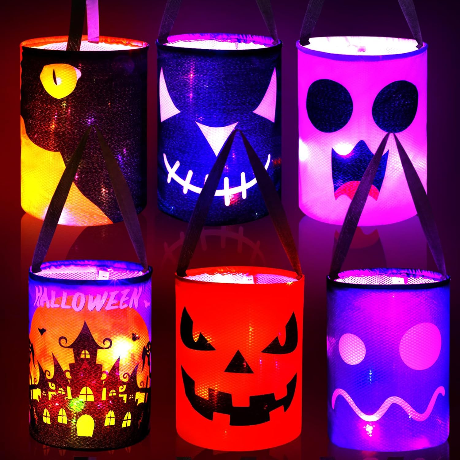 Holiday Décor Storage - Wettarn 6 Pcs Halloween Candy Bags LED Light up Trick or Treat Bags Ghost Multipurpose Reusable Pumpkin Basket Light up Goodie Buckets Halloween Tote Bag for Kids Birthday Party Goody Favors Supplies