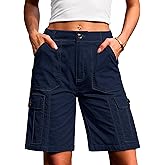 Eddoyee Bermuda Cargo Shorts for Women Casual Long Knee Length High Waisted Stretch Wide Leg Relaxed Fit