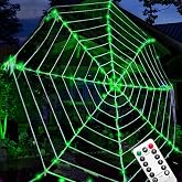 FOURDOPLI Halloween Spider Web Lights, 12FT Giant Light Up Spider Web, 180 LED Halloween Net Lights Decorations with 8 Modes & Timer for Outdoor Indoor Garden Party Yard Home Patio (Green)