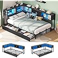 Hasuit Corner Bed Frame with Storage Bookcase, Twin Daybed with Storage Drawers Underneath, Kids Bed Unit with Charging Station and LED Light, Black Modern Bed Frame Twin Size