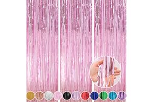 Crosize 3 Pack 3.3 x 9.9 ft Pink Foil Fringe Glitter Curtains Party Decorations, Tinsel Backdrop for Parties, Door Streamers for Birthday, Photo Booth Backdrops, Party Decor