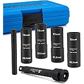 NEIKO 02290B Lug Nut Socket Set, 1/2” Impact Thin Wall Flip Socket Set, Half Size Wheel Socket Set, Metric 6 Point, 5" Extension Bar & Knockout Bar, 18.5mm, 19.5mm, 21.5mm, and 22.5mm