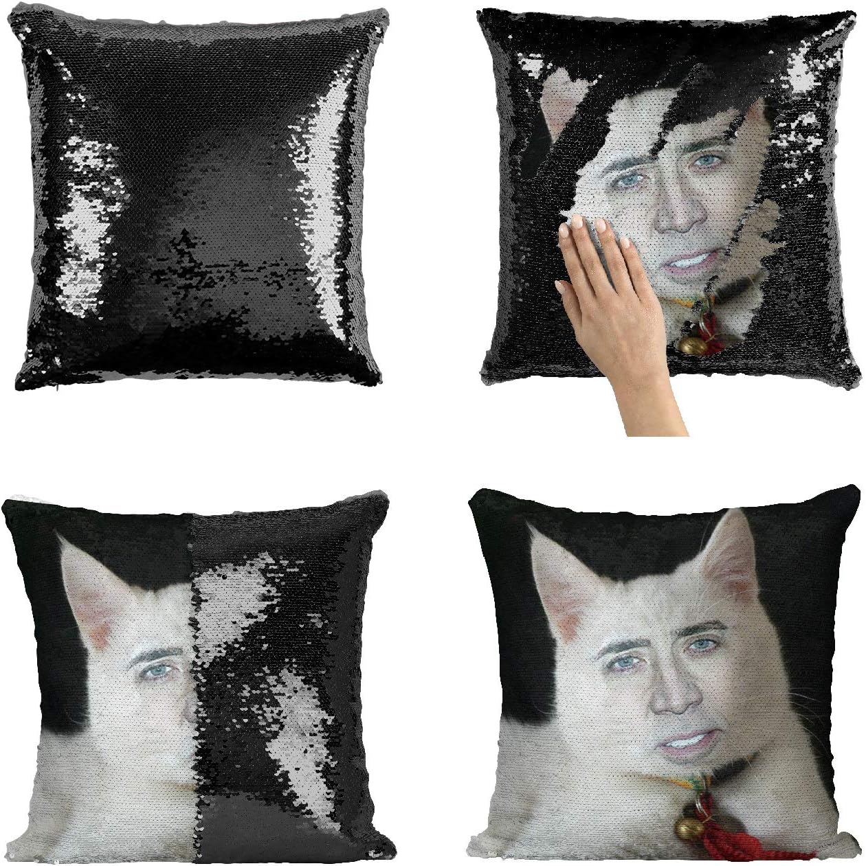 Nicolas Cage White Cute Cat Black Pillow Sequins Pillowcase Mermaid Reversible Scales Sequin Cover Home Decor Amusing Novelty Present Idea Christmas Funny Gift Amusing Novelty Present Idea