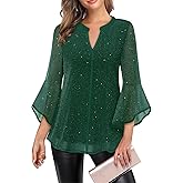 VALOLIA Women's 3/4 Sleeve Dressy Blouses Shirts Casual Loose Fit Mesh Layered Flowy Tunic Tops