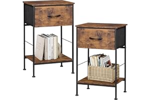 WLIVE Nightstand Set of 2, End Table with Fabric Storage Drawer and Open Wood Shelf, Bedside Furniture with Steel Frame, Side Table for Bedroom, Dorm, Rustic Brown Wood Grain Print, 25.03" Height