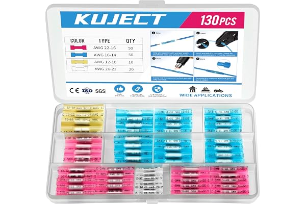Kuject 130PCS Heat Shrink Butt Connectors, 4 Sizes Insulated Waterproof Wire Connector kit, Tinned Copper Electrical Crimp Co
