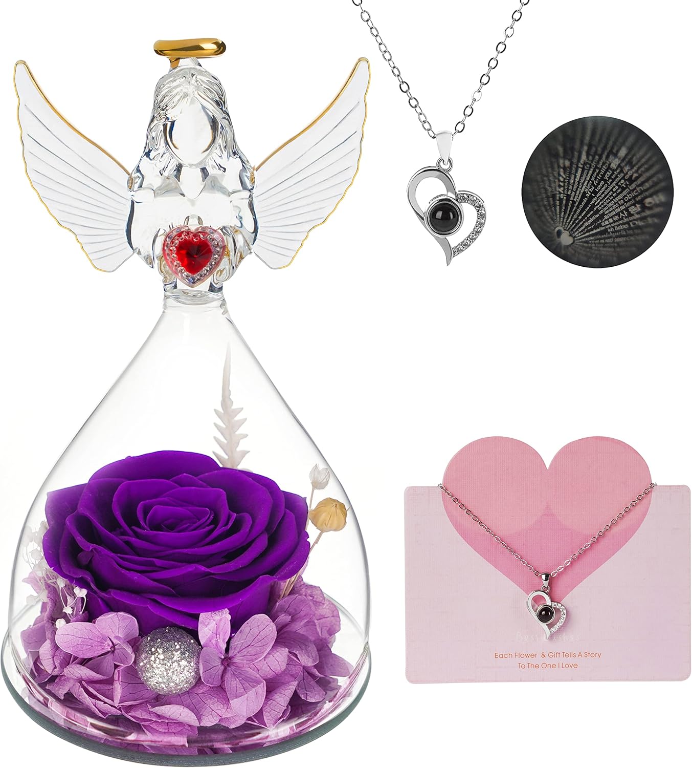 Dried & Preserved Flora - Lafloraita Mothers Day Rose Gifts for Women Mom Grandma Wife,Glass Angel Figurines with Necklace,Preserved Flowers Purple Real Rose on Anniversary Wedding Birthday