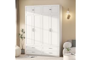 Mhsatyrs Armoire Wardrobe Closet with 4 Drawers: 88" White Bedroom Closet, Wood Wardrobe Closets with 4 Doors, Tall Armoire Cabinet and Storage Shelves for Clothing (63")