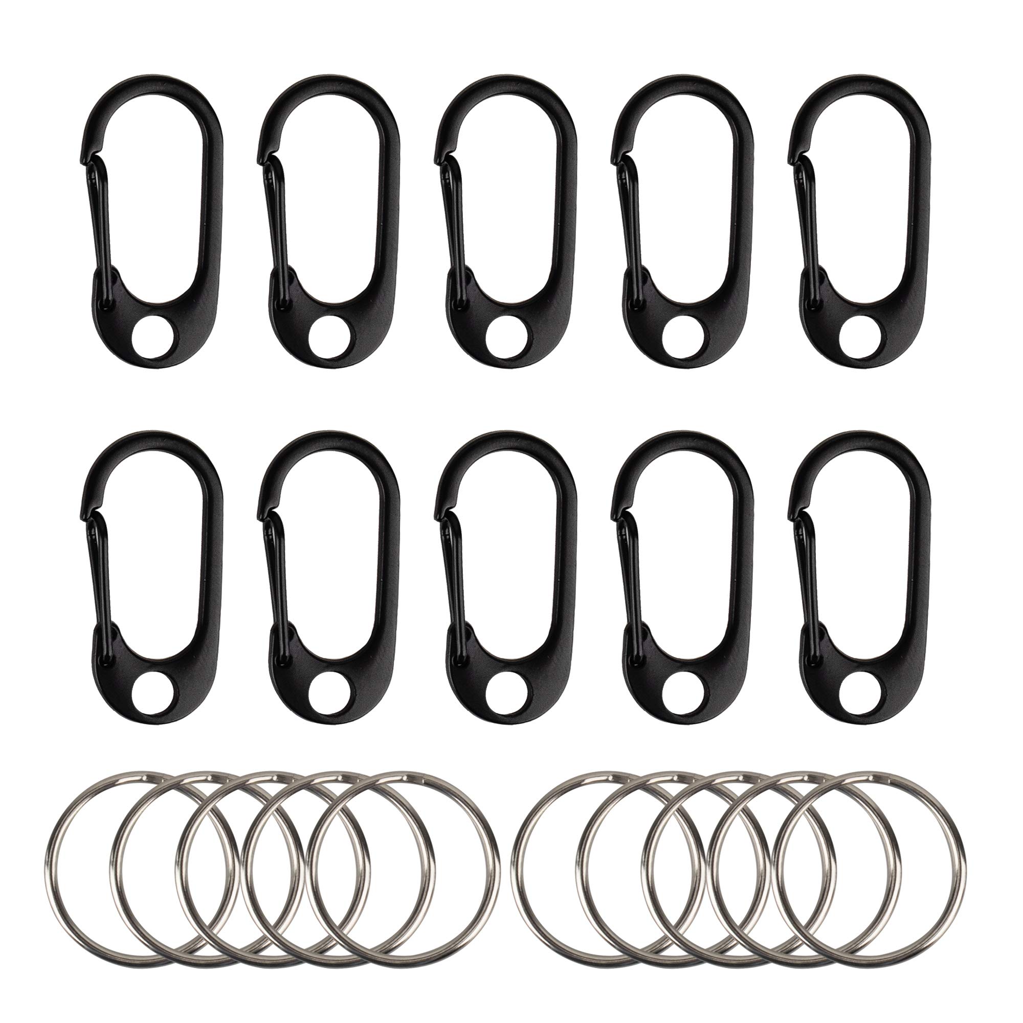 Temlum 10 Pcs Small Carabiner Clip with Keyrings, 3.4/3.7 cm Aluminum Carabiner Keyring Clip for Camping Keychains Traveling Hiking Outdoor (Black)(3.7 x 1.8 cm)