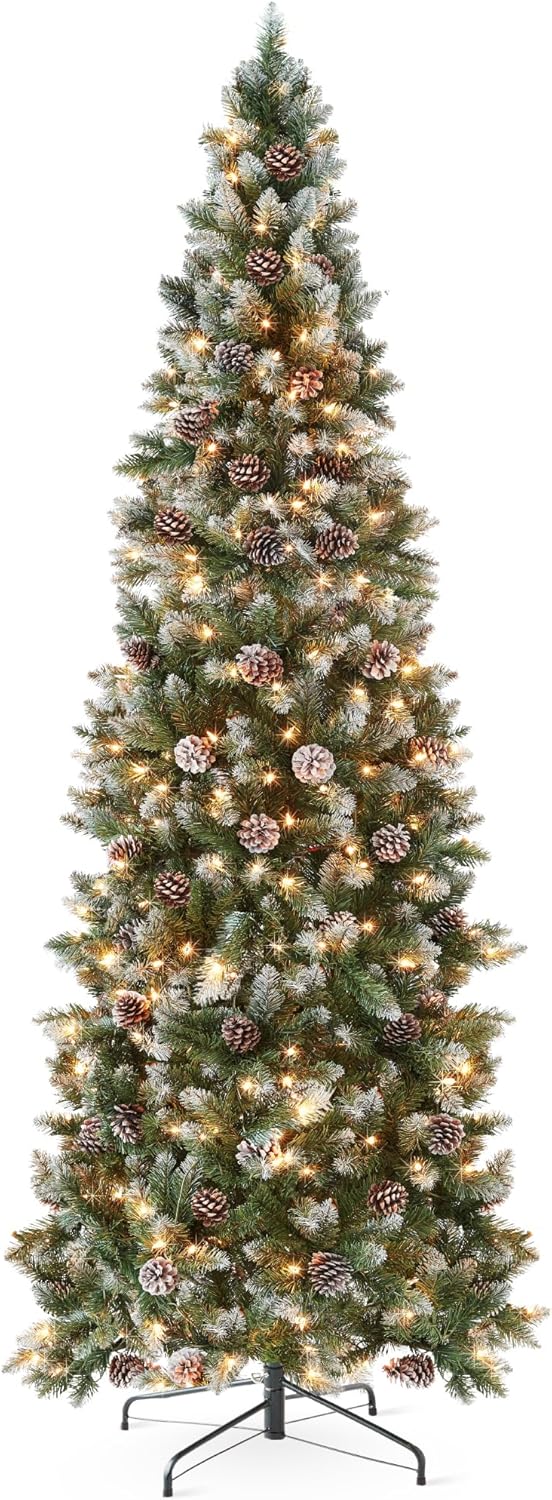 Trees - Best Choice Products 6ft Pre-lit Pencil Christmas Tree, Partially Flocked & Frosted Slim Holiday Tree Decoration, Skinny Xmas Tree, 250 Lights, 618 Frosted Tips, 50 Pine Cones, Foldable Stand
