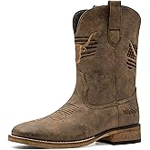 Winbird Cowboy Boots For Men Square Toe Western Men's Boots Vegan/Genuine Leather with Classic Patriot Pull On Boot, Slip Resistant Country Boots Chunky Heel Short Boots for Spring Fall