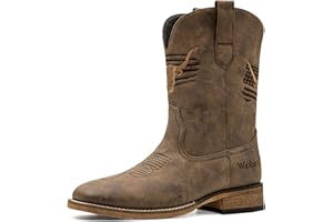 MACEPHENOMELON Winbird Cowboy Boots For Men Square Toe Western Men's Boots Vegan/Genuine Leather with Classic Patriot Pull On Boot, Slip Resistant Country Boots Chunky Heel Short Boots for Spring Fall