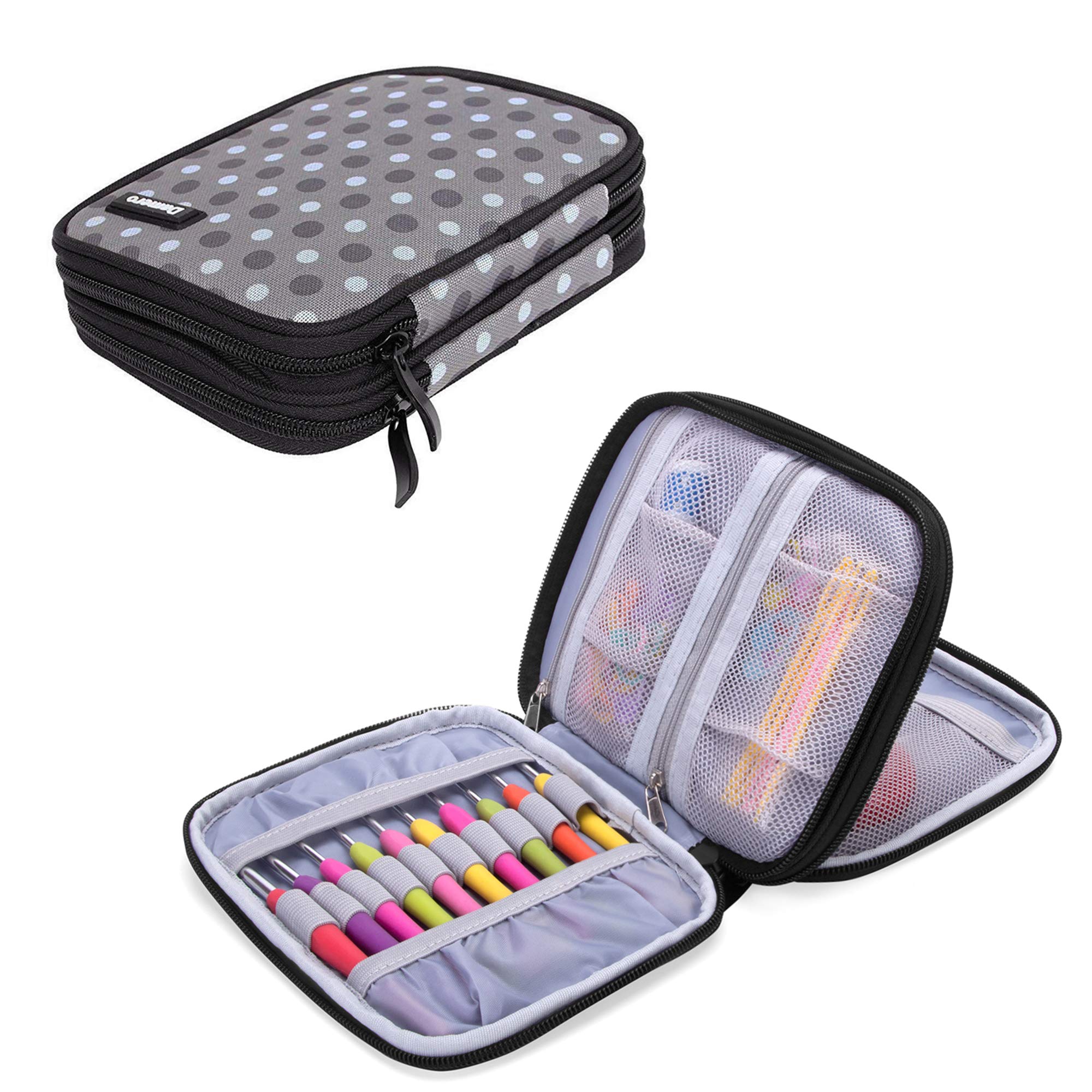 Damero Crochet Hook Case, Organiser Zipper Bag with Web Pockets for Various Crochet Needles and Knitting Accessories, Well Made, Small Volume and Easy to Carry, Gray Dots (No Accessories Included)