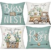 DFXSZ Easter Pillow Covers 18x18 Set of 4 Bunny Eucalyptus Leaves Decorations Truck Sweet Home Spring Farmhouse Pillow Covers,Polyester Cushion Case Gifts for Home Decor 175D