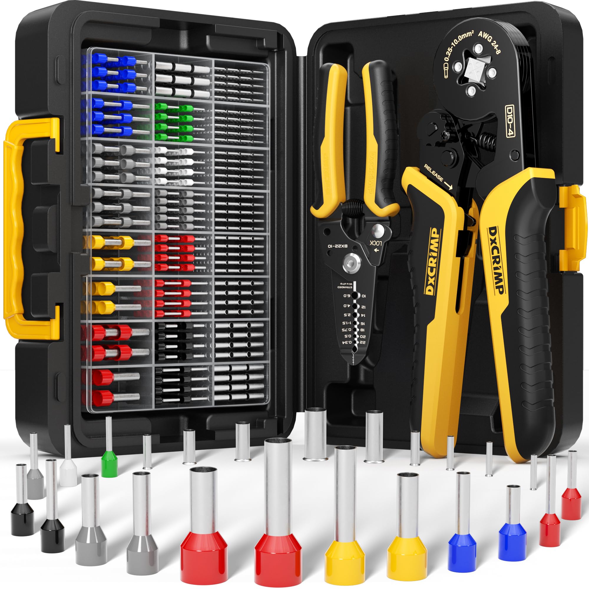 DxCRIMP Ferrule Crimping Pliers Set, with 24 Types Insulated and Non-Insulated Ferrules, 0.25-10mm²(AWG 22-8) Ferrule Crimping Tool Set - Wire End Ferrule Crimp Connectors - Electrician Tools - Crimps