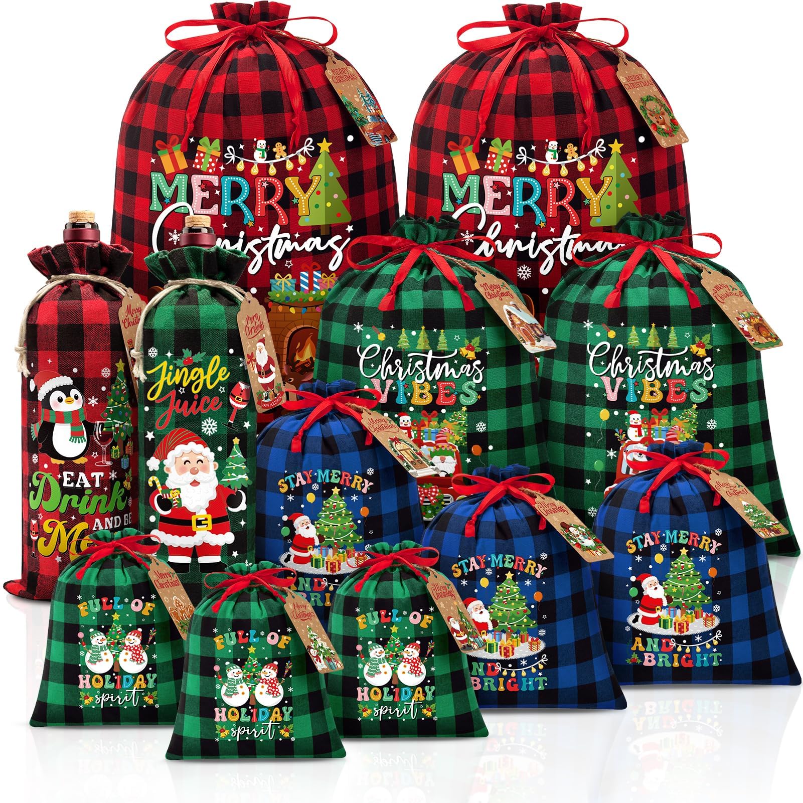Photo 1 of 12Pcs Christmas Drawstring Gift Bags Christmas Wine Bags w/ Tags, Buffalo Plaid Cotton Xmas Gift Bag Assorted Sizes, Reusable Large Medium Small Holiday Gifts Wrapping Bag for Present Party Favors