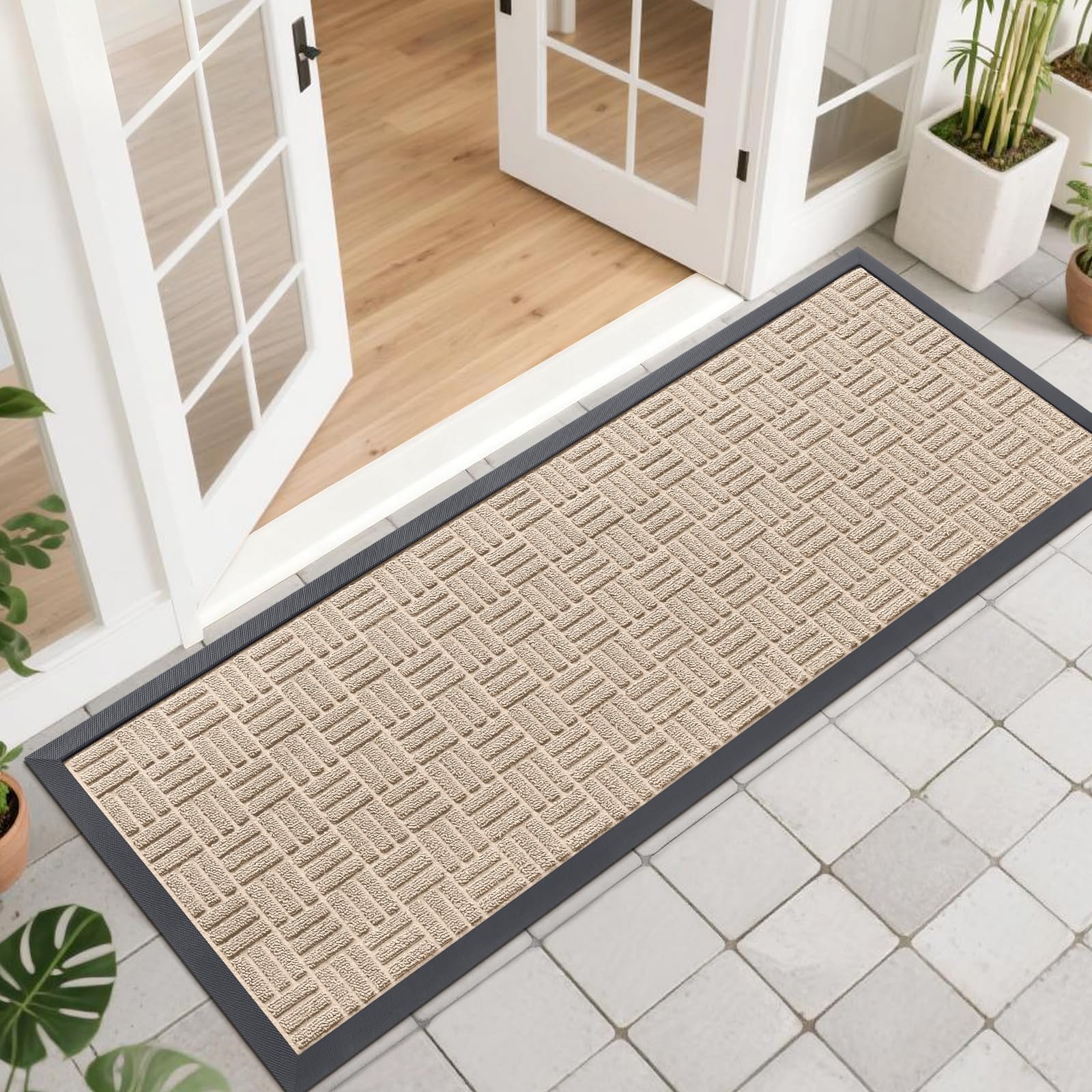 OLANLY Front Door Mat Outside Entrance 47x17, Absorbent, Heavy Duty Sturdy Natural Rubber Doormat Indoor Outdoor, Non-Slip, Stain and Fade Resistant, Low Profile Floor Mat for Entryway, Latte White Image
