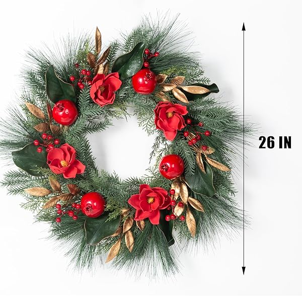 26″ CHRISTMAS WREATH FOR FRONT DOOR, RED GREEN ARTIFICIAL WREATHS WITH MAGNOLIAS & POMEGRANATES, PINE NEEDLESD AND RED BERRIES — PERFECT FOR FARMHOUSE INDOOR OUTDOOR HOME RUSTIC WINTER HOLIDAY DECOR