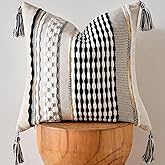 AmHoo Chenille Striped Textured Boho Throw Pillow Covers Aesthetic with Tassels Woven Decorative Pillow Case for Couch Bed Sofa Bedroom Modern Funky 18 x 18-Inch Black