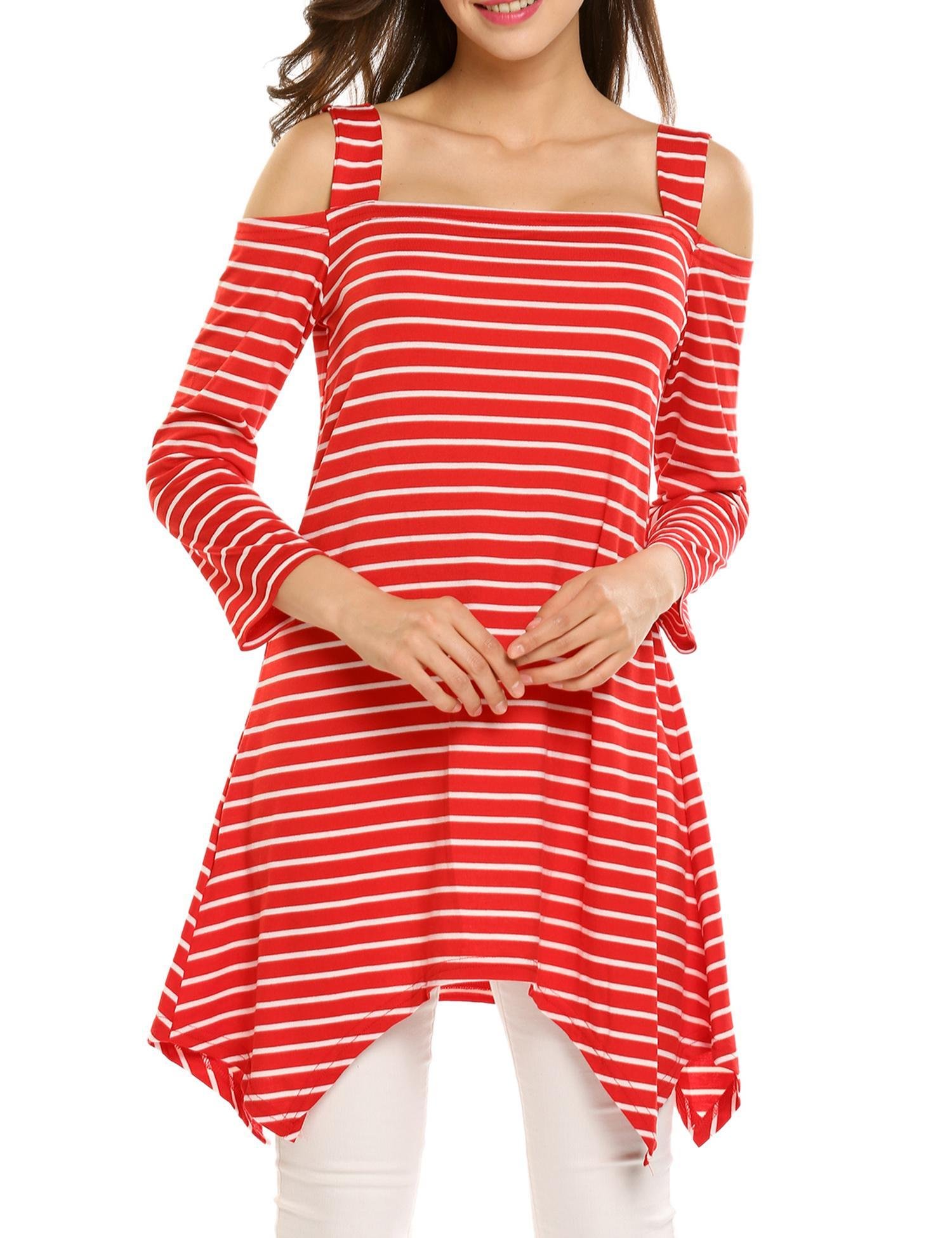 Women Off the Shoulder Swing Tunic Striped Loose Fit A line T-Shirt Dress Red/M
