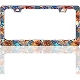 Beautiful Glass Flowers Pattern License Plate Frame Floral Stainless Steel License Plate Holder For Front And Rear Car Tags Funny For Car Decoration Accessories With Screws 6.3 X 12.2 In For Women Men
