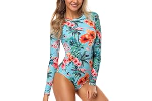 AXESEA Womens Long Sleeve Rash Guard UV UPF 50+ Sun Protection Printed Zipper Surfing One Piece Swimsuit Bathing Suit