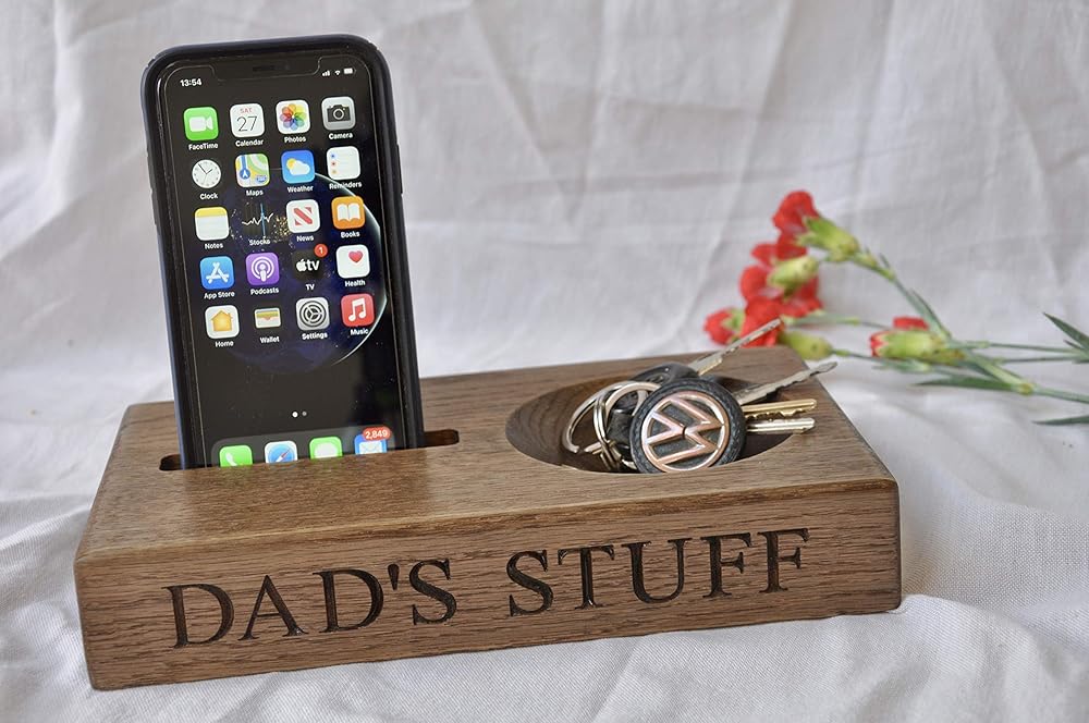 Personalised Fumed Oak Phone Holder Stand Desk Organiser/Tidy Amazon