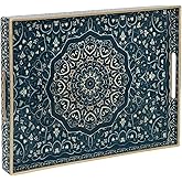 MAONAME Serving Tray with Handles, Plastic Rectangular Tray for Coffee Table, Dark Blue Boho Decorative Trays for Ottoman, Living Room, 15.8" Lx 11.8" W X 1.6" H