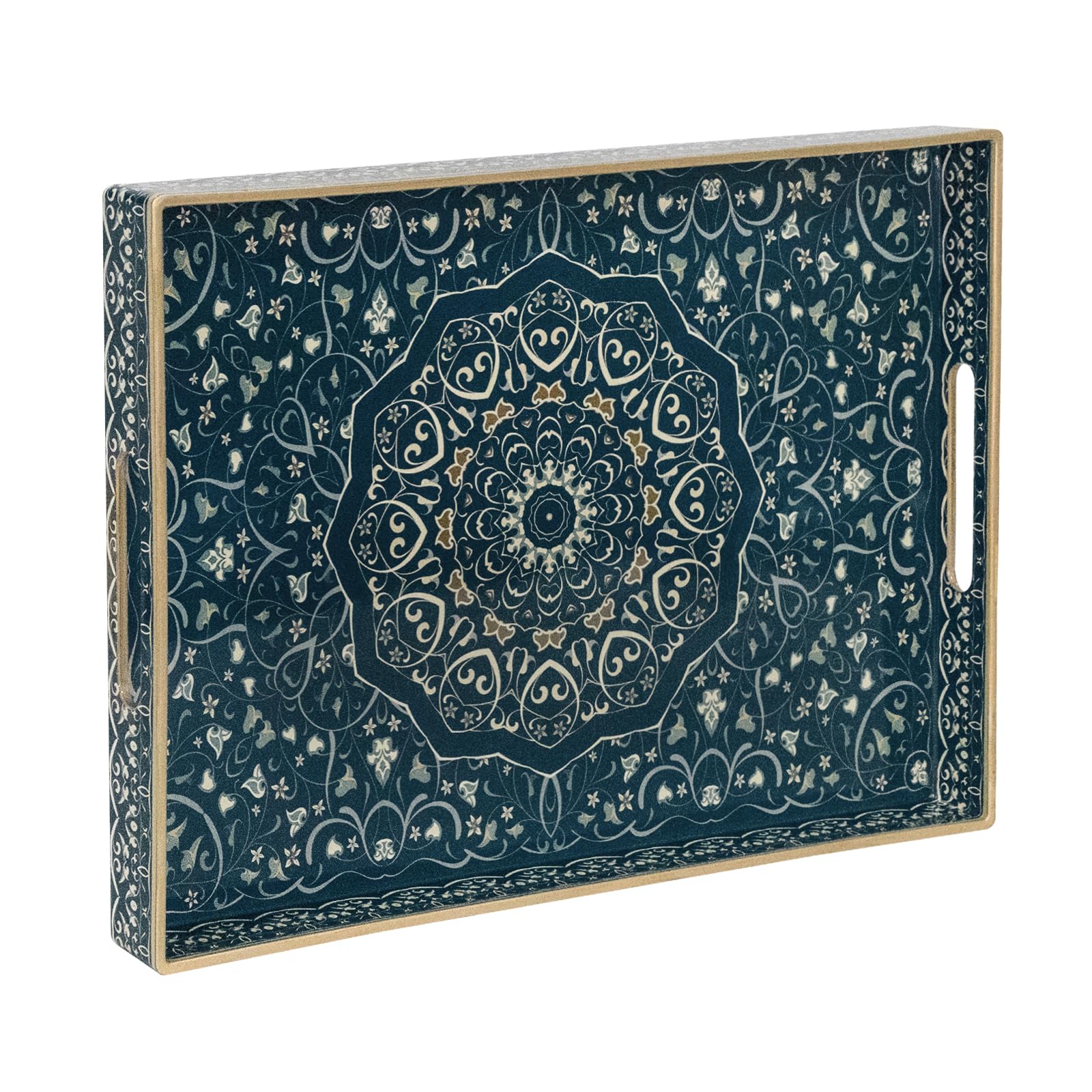 Photo 1 of MAONAME Serving Tray with Handles, Plastic Rectangular Tray for Coffee Table, Dark Blue Boho Decorative Trays for Ottoman, Living Room, 15.8" Lx 11.8" W X 1.6" H