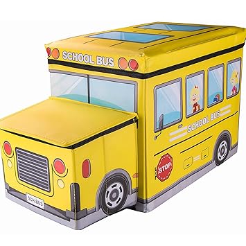 GTC Faux Leather Portable and Foldable School Bus Laundry Box with sitting Stool, 57x32x25cm