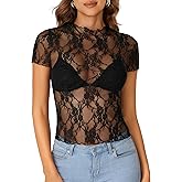 Rooscier Women's Sheer Mesh Top Short Sleeve See Through Floral Lace Slim Fit Club T Shirt