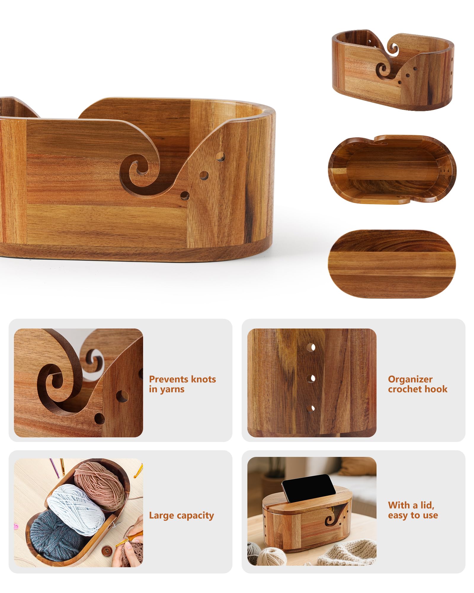 Oval Yarn Bowl, Crochet Yarn Holder with 9pcs Knitting Hooks, Yarn Storage Crochet Bowl Knitting Gift for Crocheters, Large Yarn Bowl Acacia Wooden 11.3x5.9x4.7inch (Acacia Yarn Bowl with Lid)