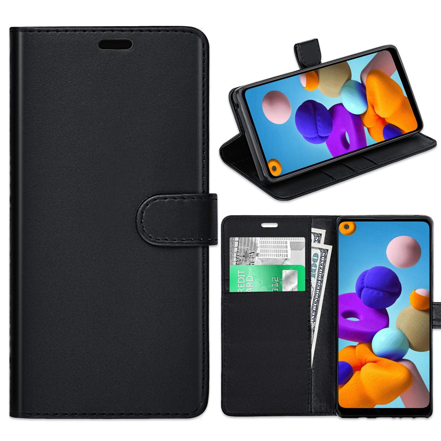 KP TECHNOLOGY Galaxy A21s Case, Galaxy A21s Book Case, PU Leather Wallet Case [Card Holder][ID Holder] [Book Case] Slim Flip Folio Protective Phone Case for Samsung Galaxy A21s (BLACK)