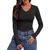 PrettyGuide Womens Cotton Long Sleeve Shirts V Neck Slim Fit Basic Tees Fall Spring Casual Going Out Tops