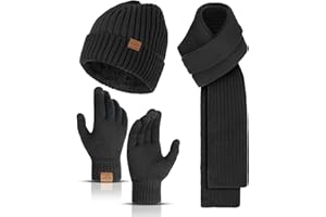 HONNESSERRY Winter Beanie Hats for Men Long Neck Scarf and Touchscreen Gloves Set with Fleece Lined Skull Caps Gifts for Men